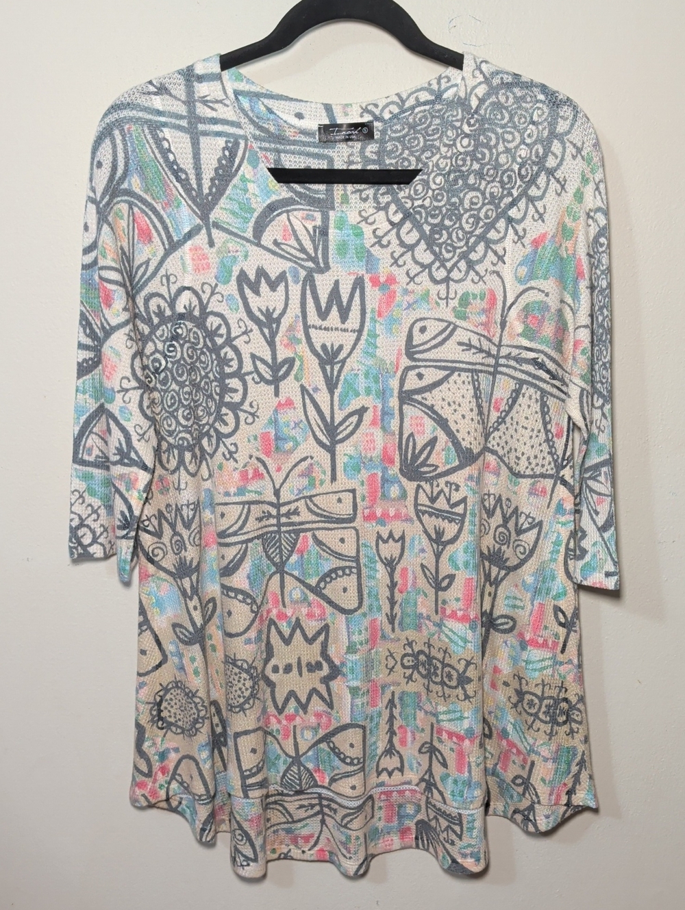 Inoah Flowers + Butterflies Tunic Cream Pink Blue Boho Wearable Art Women Size S